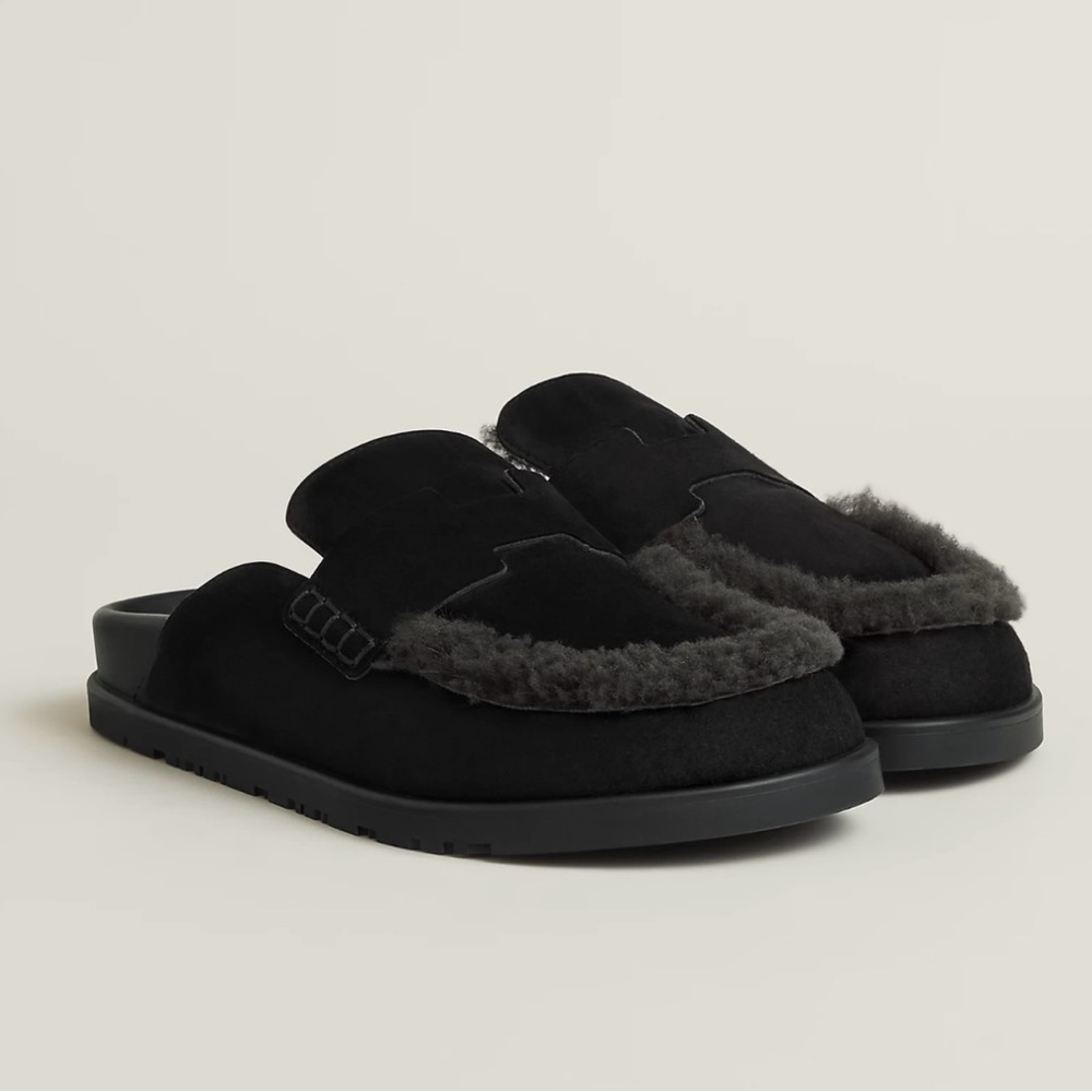 Hermes Black Suede Mules with Gray Fur Trim